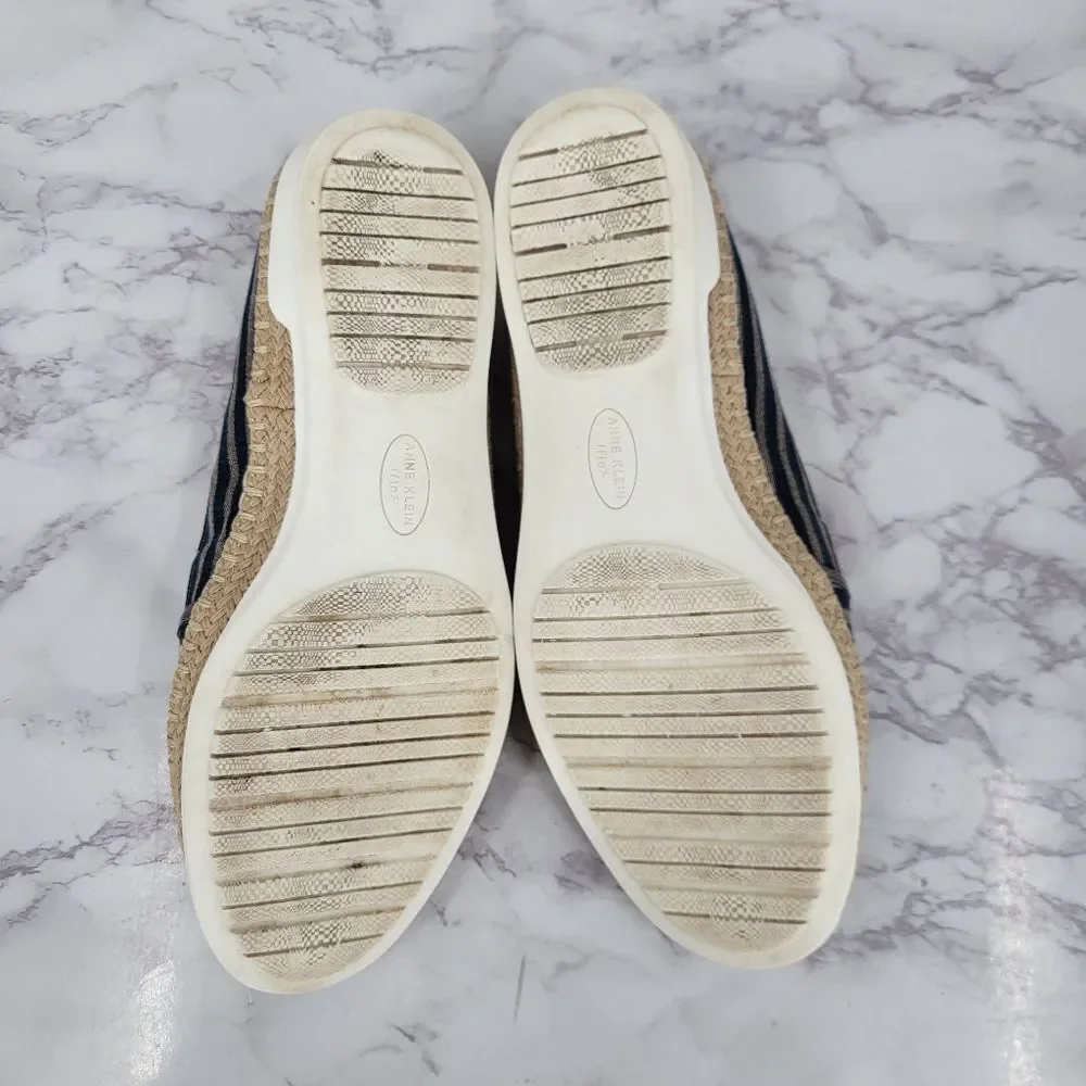 Anne Klein Stripe Blue Canvas Espadrilles with Bee Beaded Embroidery Flats Shoes